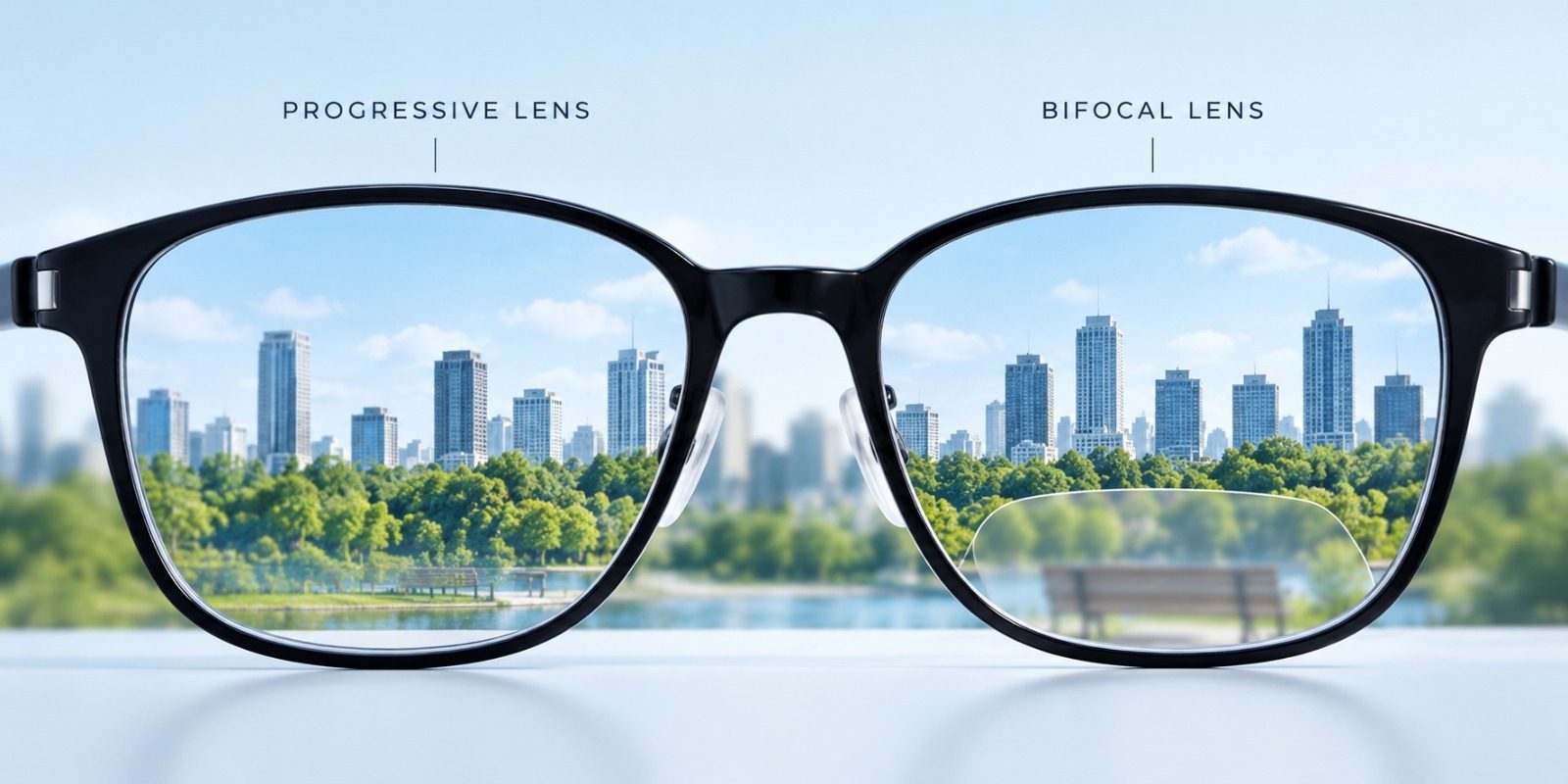 A progressive lens beside a bifocal lens, showing the visible reading segment of the bifocal